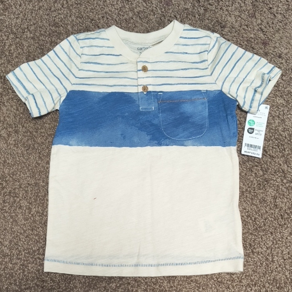 Carter's Cream & Blue Striped Colorblock Henley Pocket Tee